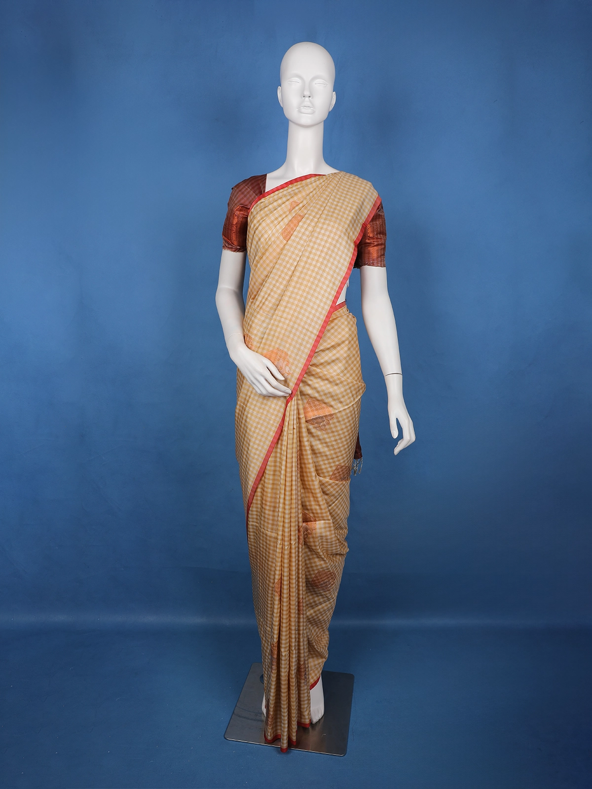 Mustard Yellow Checked Pattern Silk Saree - Diadem