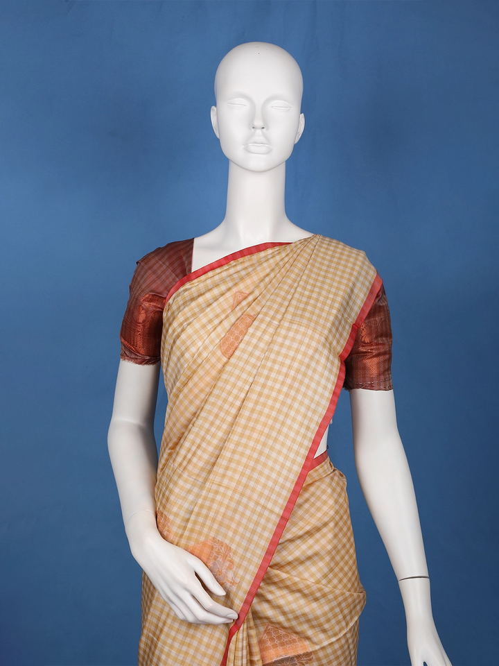 Mustard Yellow Checked Pattern Silk Saree - Diadem