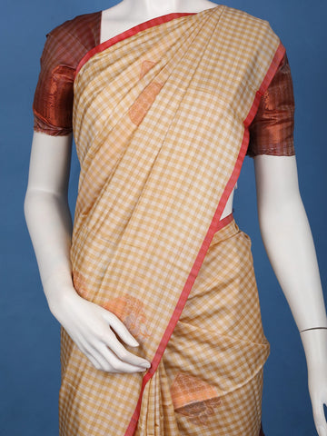 Mustard Yellow Checked Pattern Silk Saree - Diadem