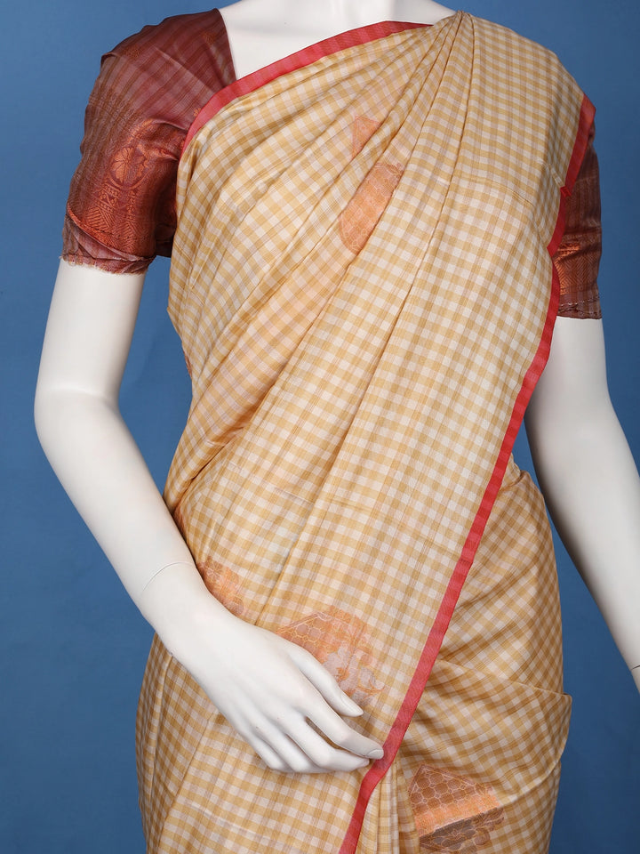 Mustard Yellow Checked Pattern Silk Saree - Diadem