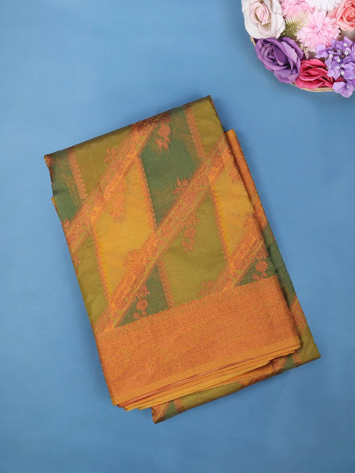 Mustard Yellow Diagonal Stripe Floral Design Tissue Silk Saree - Diadem