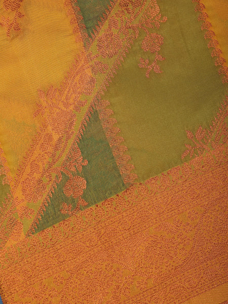 Mustard Yellow Diagonal Stripe Floral Design Tissue Silk Saree - Diadem