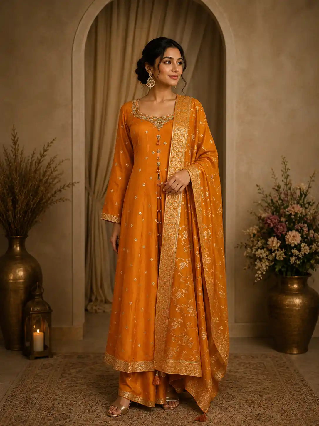 Mustard Yellow Embroidered Design Silk Palazzo Suit with Designer Dupatta