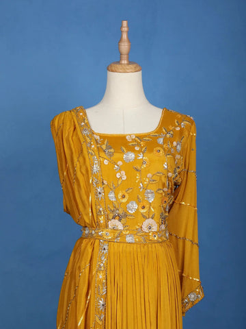 Mustard Yellow Floral Design And Sequins Embroidery Crepe Kurtis - Diadem