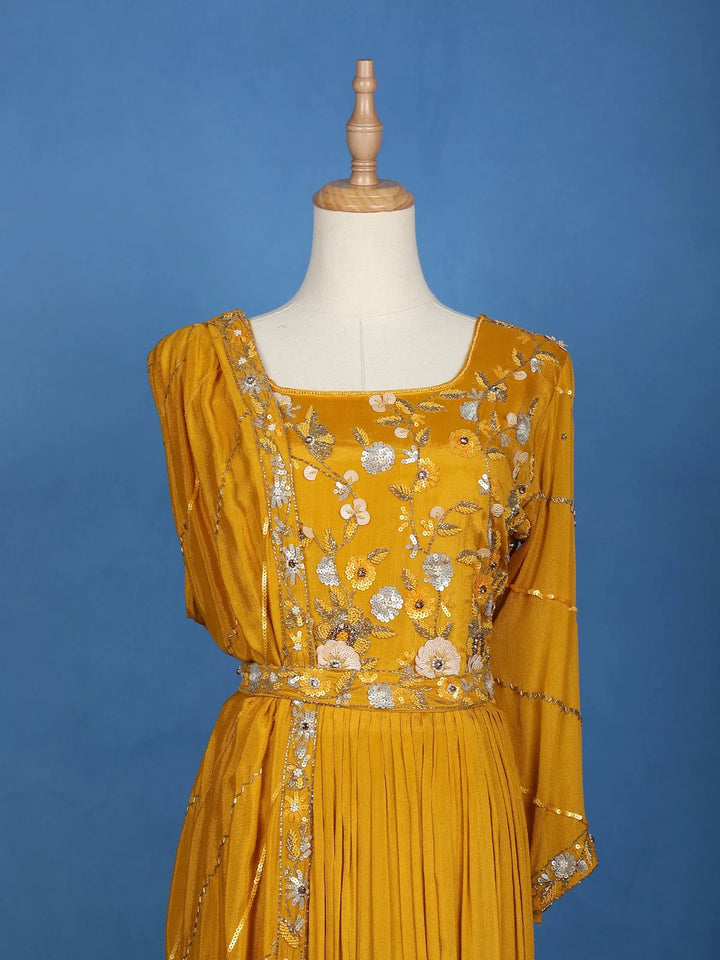 Mustard Yellow Floral Design And Sequins Embroidery Crepe Kurtis - Diadem