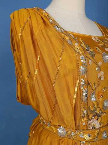 Mustard Yellow Floral Design And Sequins Embroidery Crepe Kurtis - Diadem