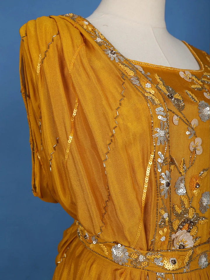 Mustard Yellow Floral Design And Sequins Embroidery Crepe Kurtis - Diadem