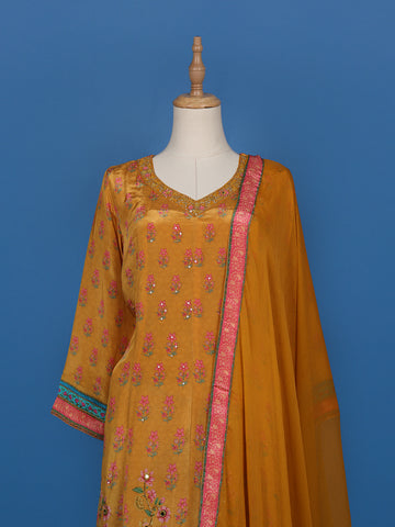 Mustard Yellow Floral Design Cotton Salwar Suit - Diadem