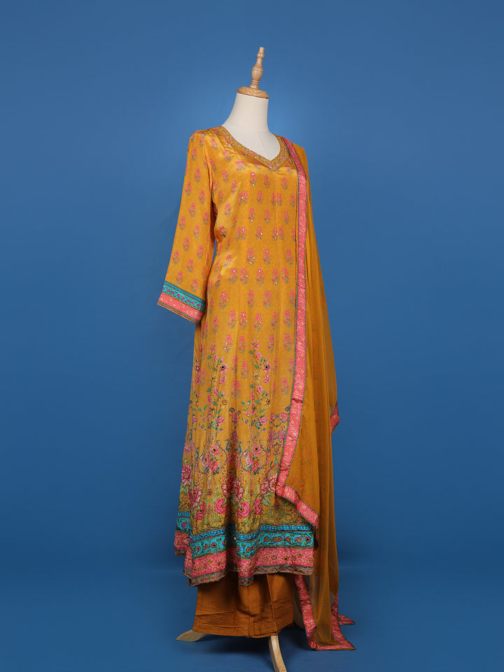 Mustard Yellow Floral Design Cotton Salwar Suit - Diadem