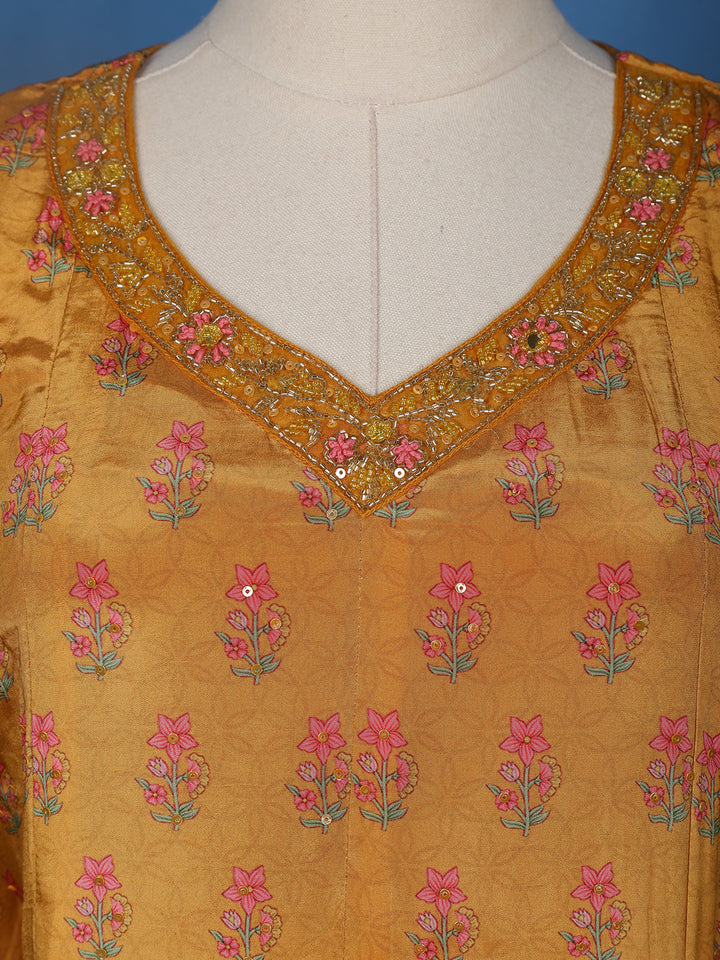 Mustard Yellow Floral Design Cotton Salwar Suit - Diadem