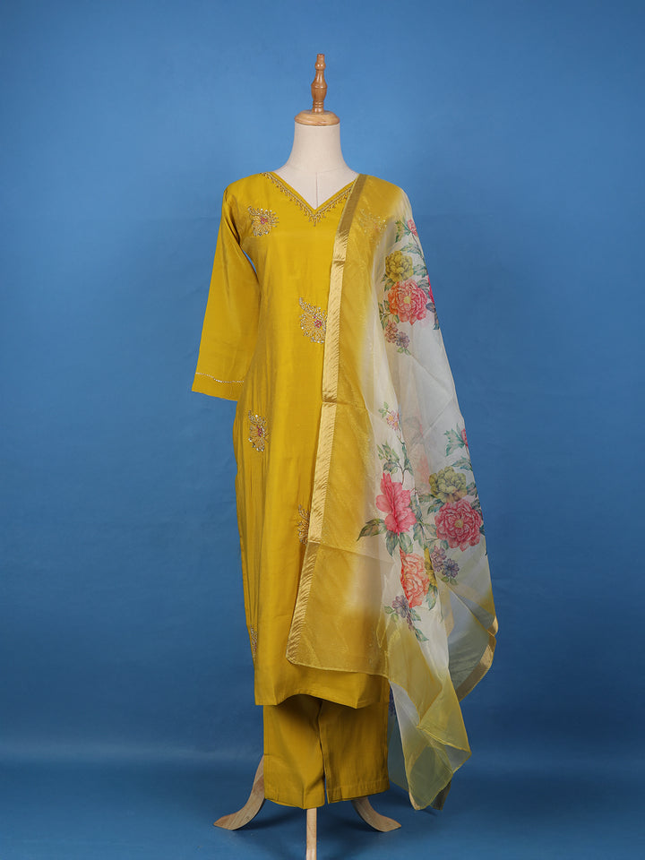 Mustard Yellow Floral Design Georgette Salwar Suit - Diadem