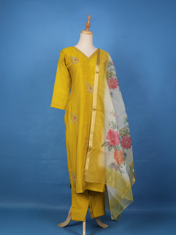 Mustard Yellow Floral Design Georgette Salwar Suit - Diadem