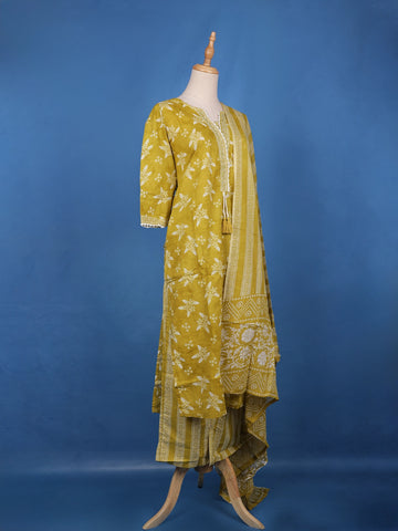 Mustard Yellow Floral Design Printed Cotton Salwar Suit - Diadem