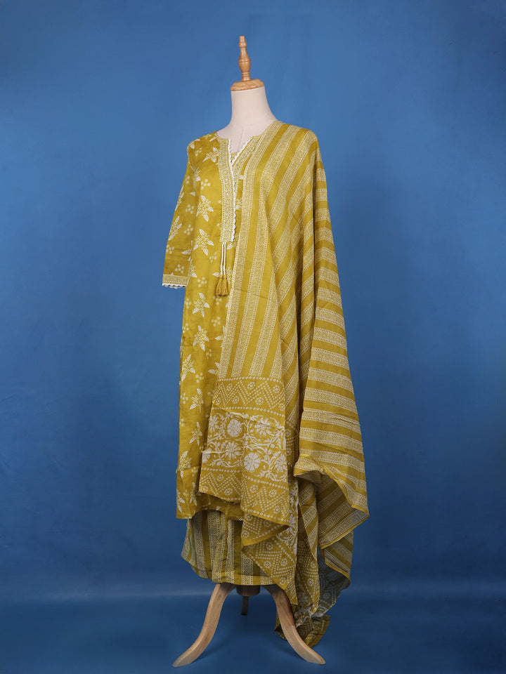 Mustard Yellow Floral Design Printed Cotton Salwar Suit - Diadem