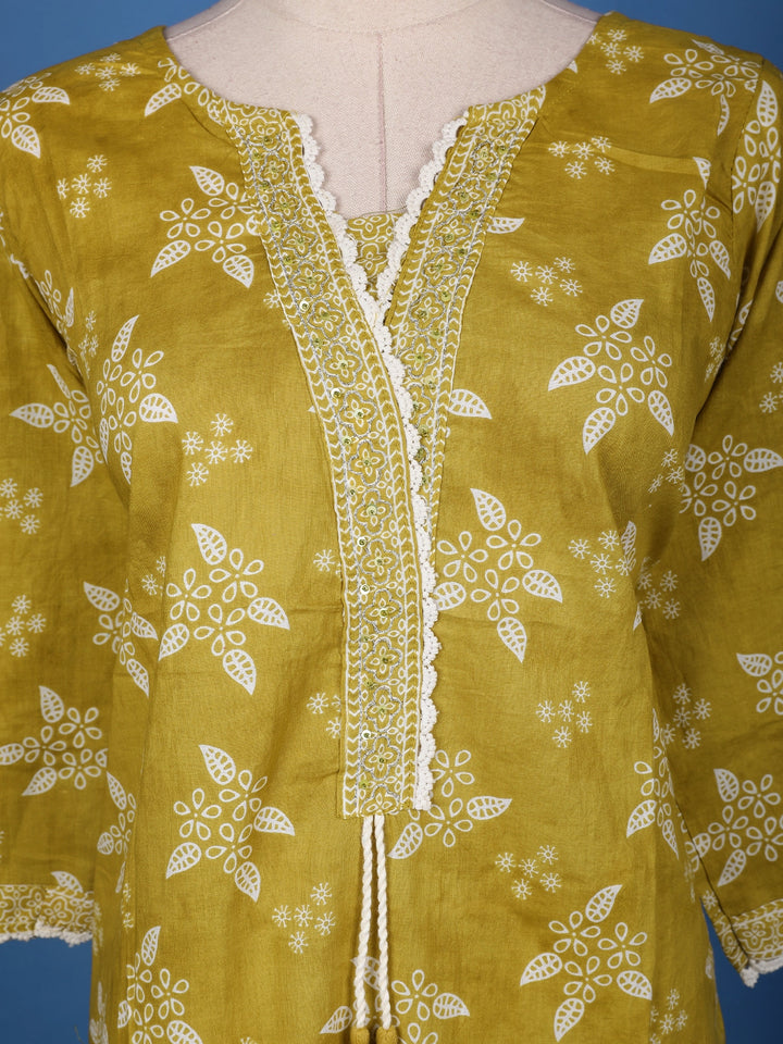 Mustard Yellow Floral Design Printed Cotton Salwar Suit - Diadem