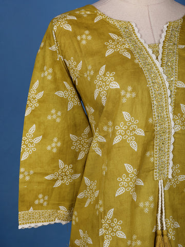Mustard Yellow Floral Design Printed Cotton Salwar Suit - Diadem
