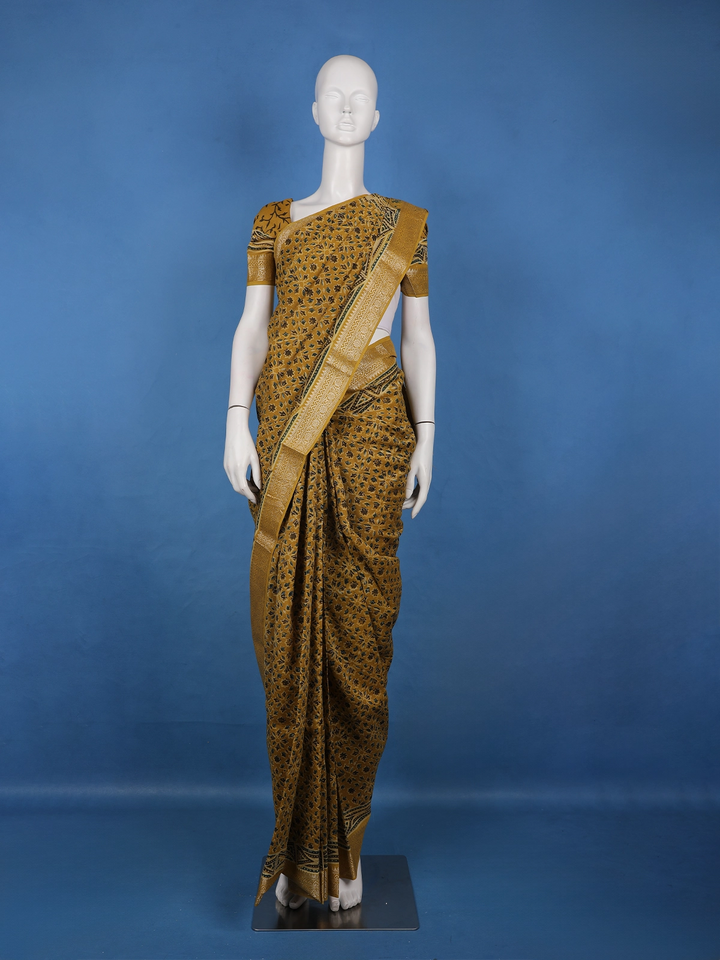 Mustard Yellow Floral Printed Chandheri Cotton Saree - Diadem