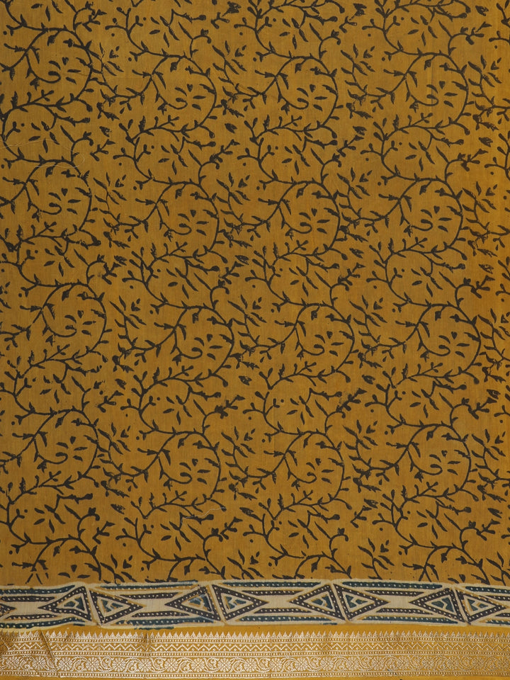 Mustard Yellow Floral Printed Chandheri Cotton Saree - Diadem