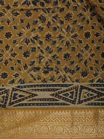 Mustard Yellow Floral Printed Chandheri Cotton Saree - Diadem