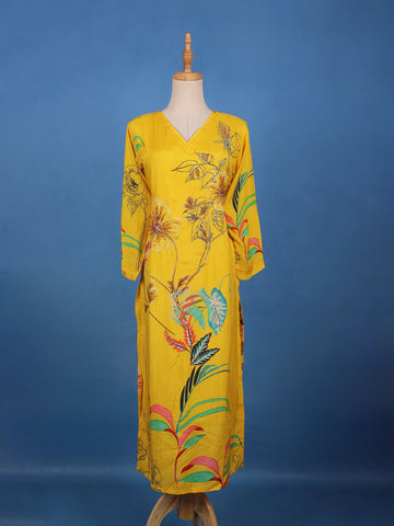 Mustard Yellow Floral Design Printed Cotton Kurti - Diadem