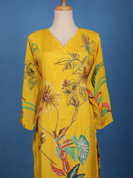 Mustard Yellow Floral Design Printed Cotton Kurti - Diadem