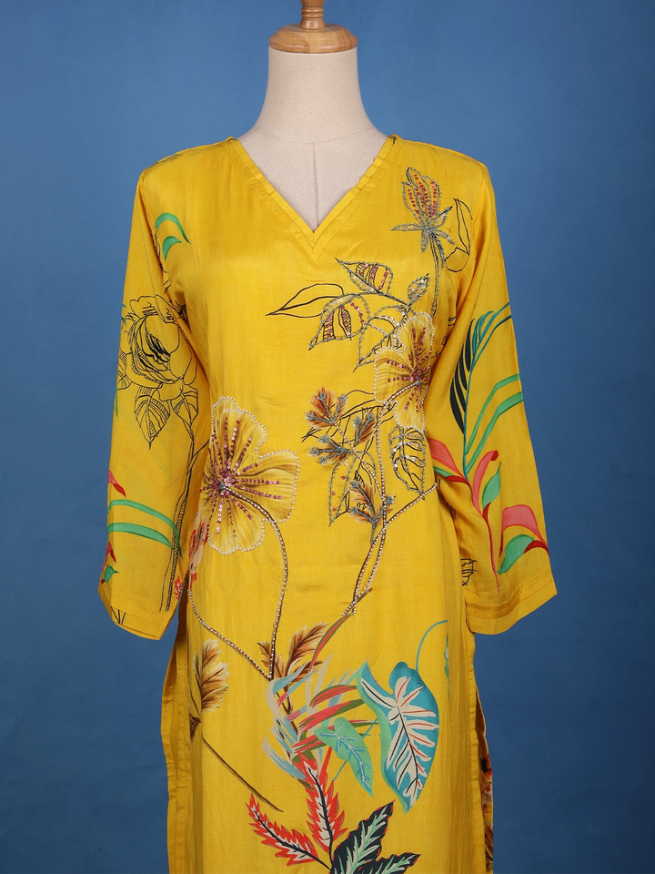 Mustard Yellow Floral Design Printed Cotton Kurti - Diadem