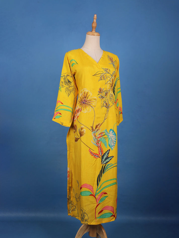 Mustard Yellow Floral Design Printed Cotton Kurti - Diadem