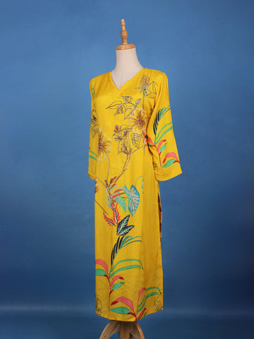 Mustard Yellow Floral Design Printed Cotton Kurti - Diadem