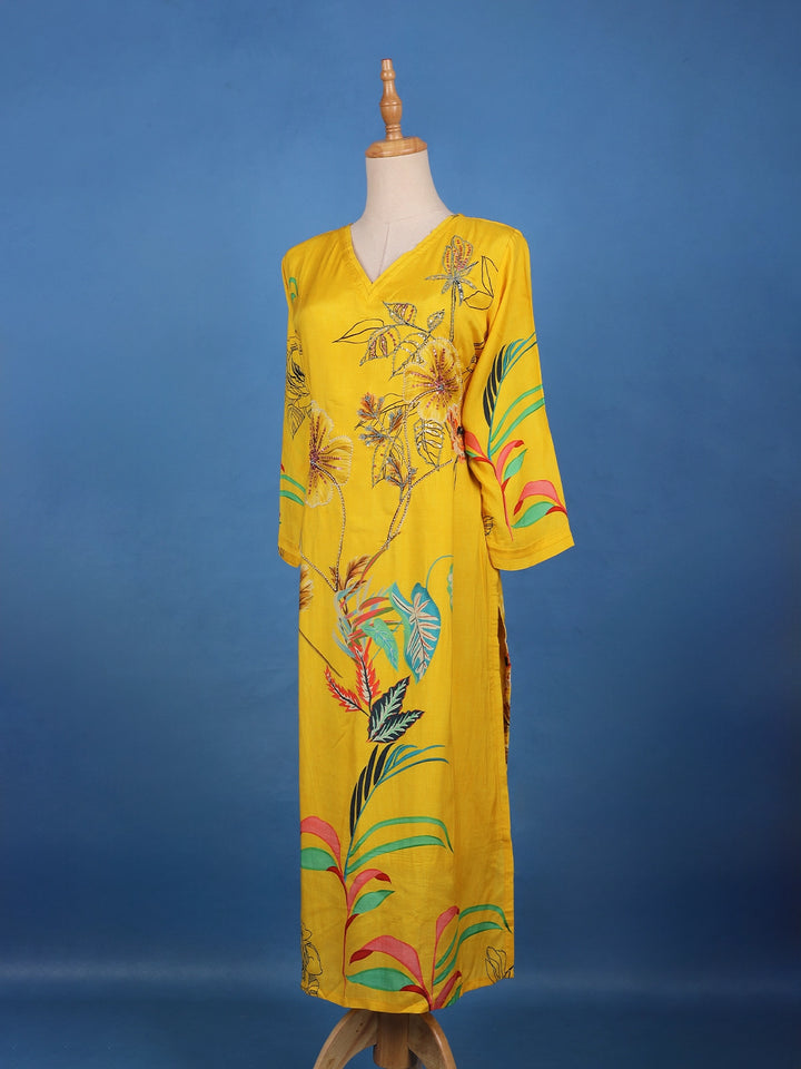Mustard Yellow Floral Design Printed Cotton Kurti - Diadem