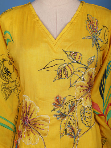 Mustard Yellow Floral Design Printed Cotton Kurti - Diadem