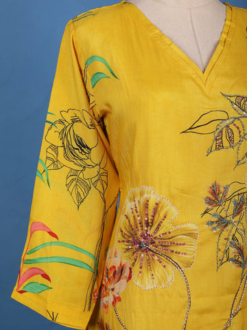 Mustard Yellow Floral Design Printed Cotton Kurti - Diadem