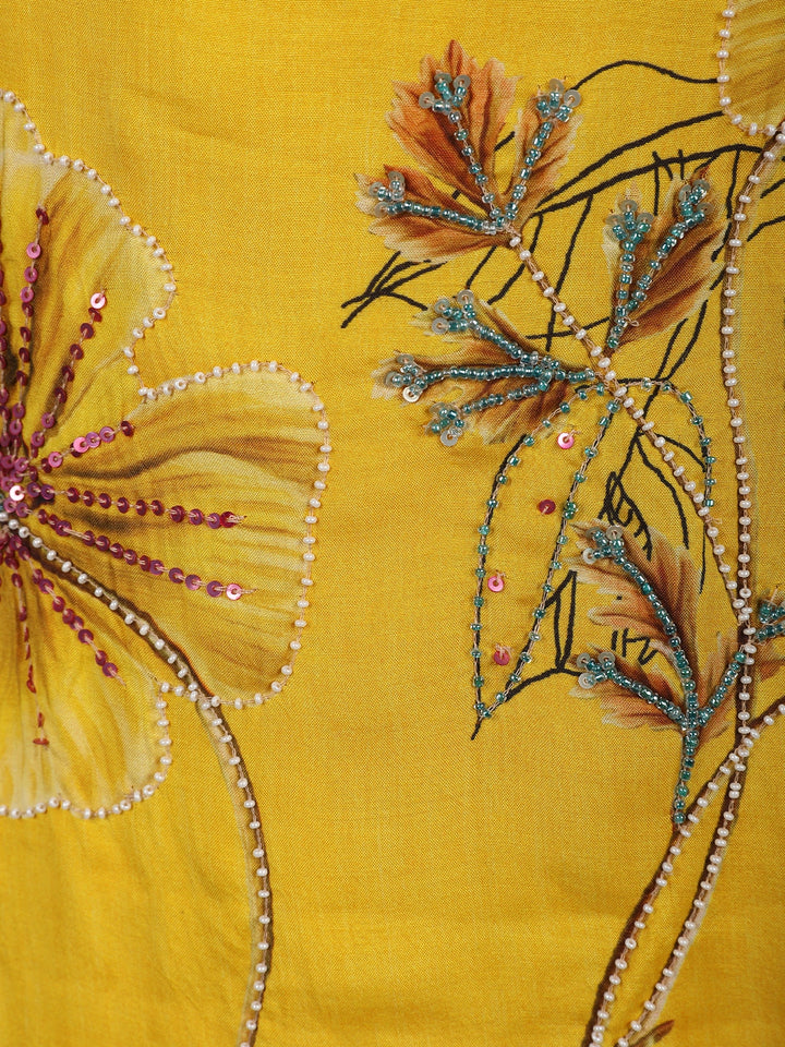 Mustard Yellow Floral Design Printed Cotton Kurti - Diadem