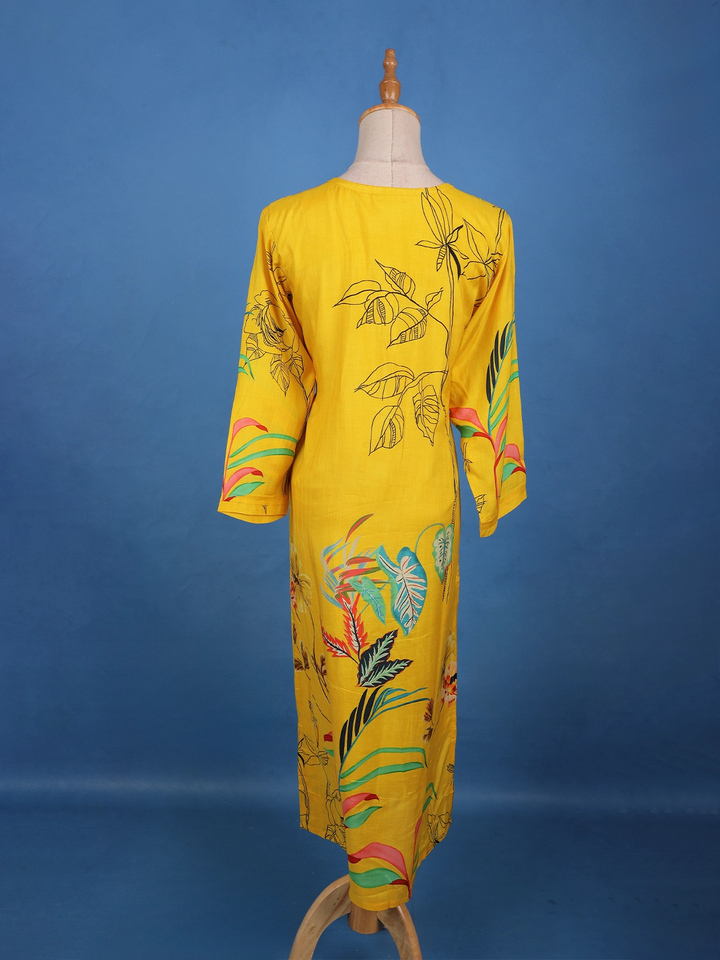 Mustard Yellow Floral Design Printed Cotton Kurti - Diadem