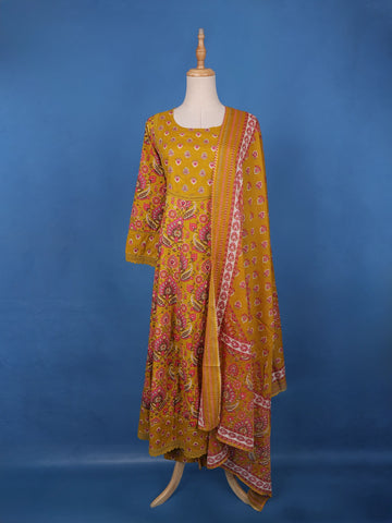 Mustard Yellow Floral Design Printed Cotton Salwar Suit - Diadem