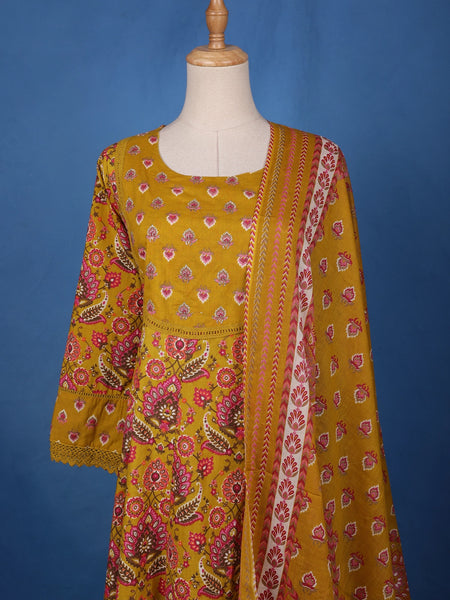Mustard Yellow Floral Design Printed Cotton Salwar Suit - Diadem
