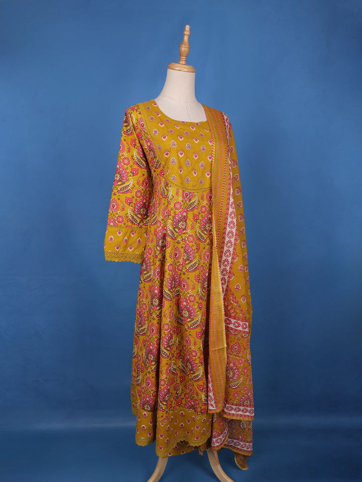Mustard Yellow Floral Design Printed Cotton Salwar Suit - Diadem