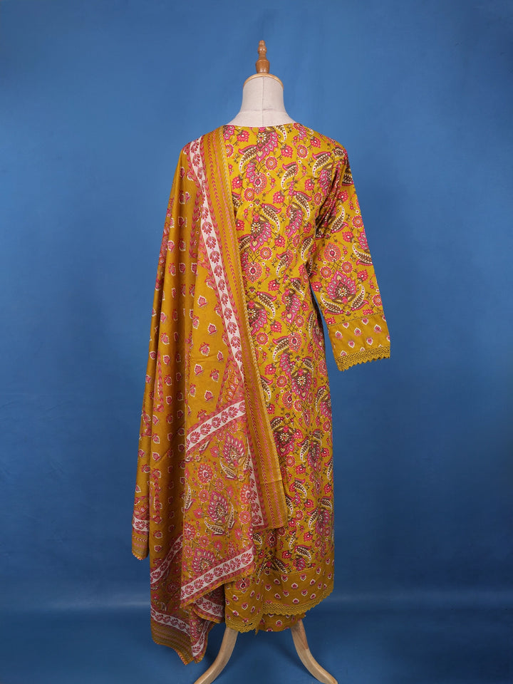 Mustard Yellow Floral Design Printed Cotton Salwar Suit - Diadem