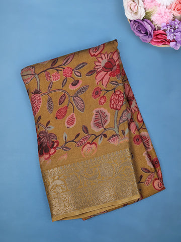 Mustard Yellow Floral Design Printed Cotton Saree - Diadem