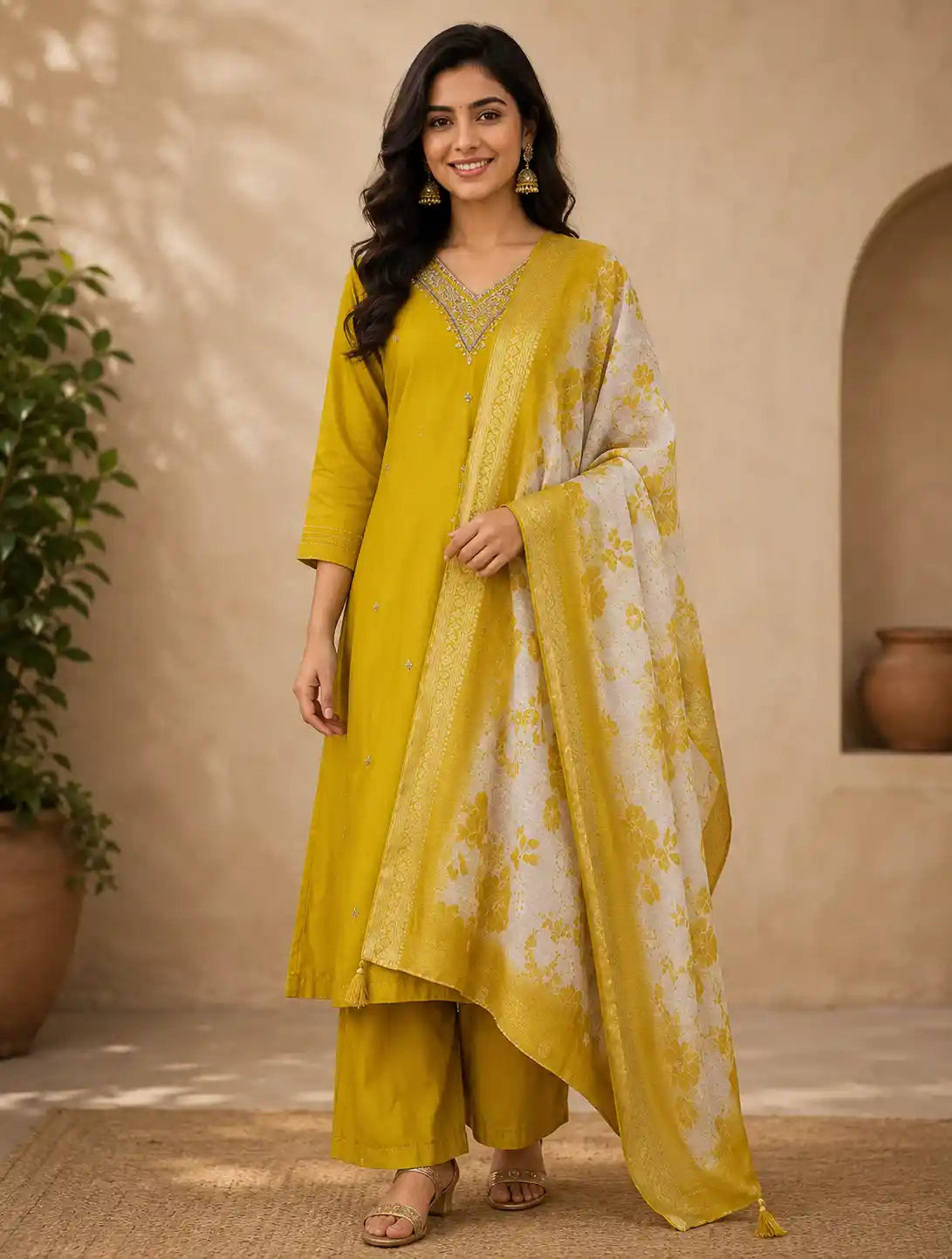 Mustard Yellow Floral Design Semi Silk Straight Cut Salwar Suit