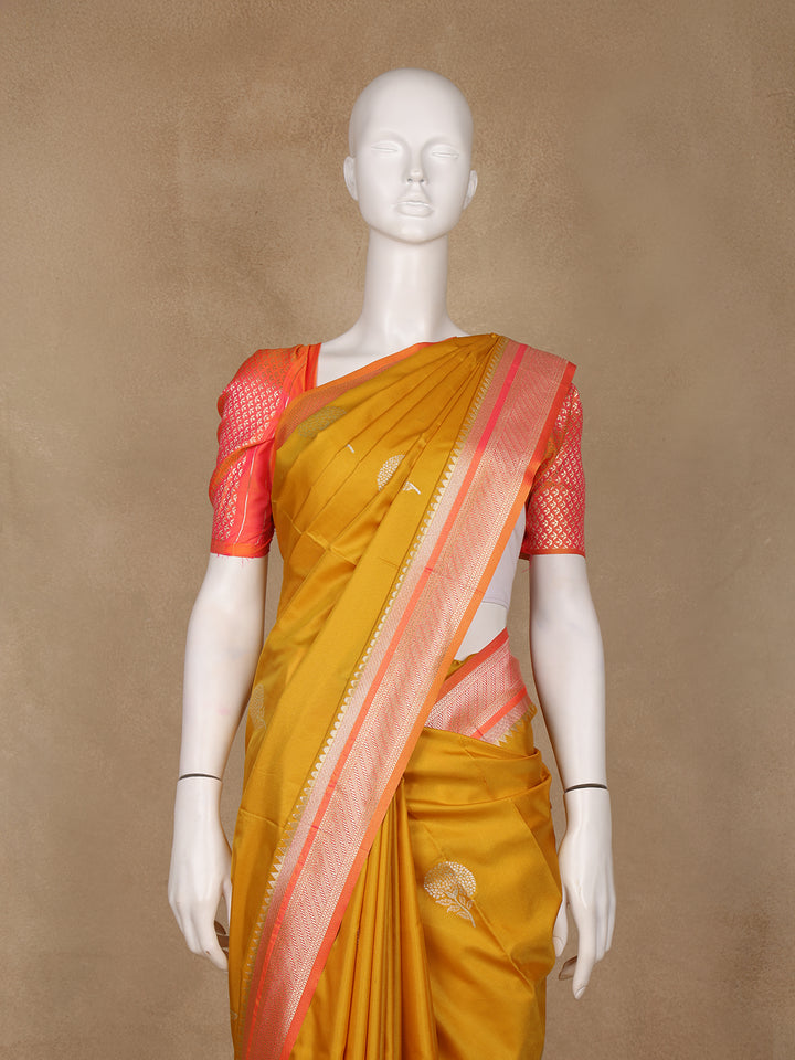 Mustard Yellow Floral Design Silk Saree - Diadem