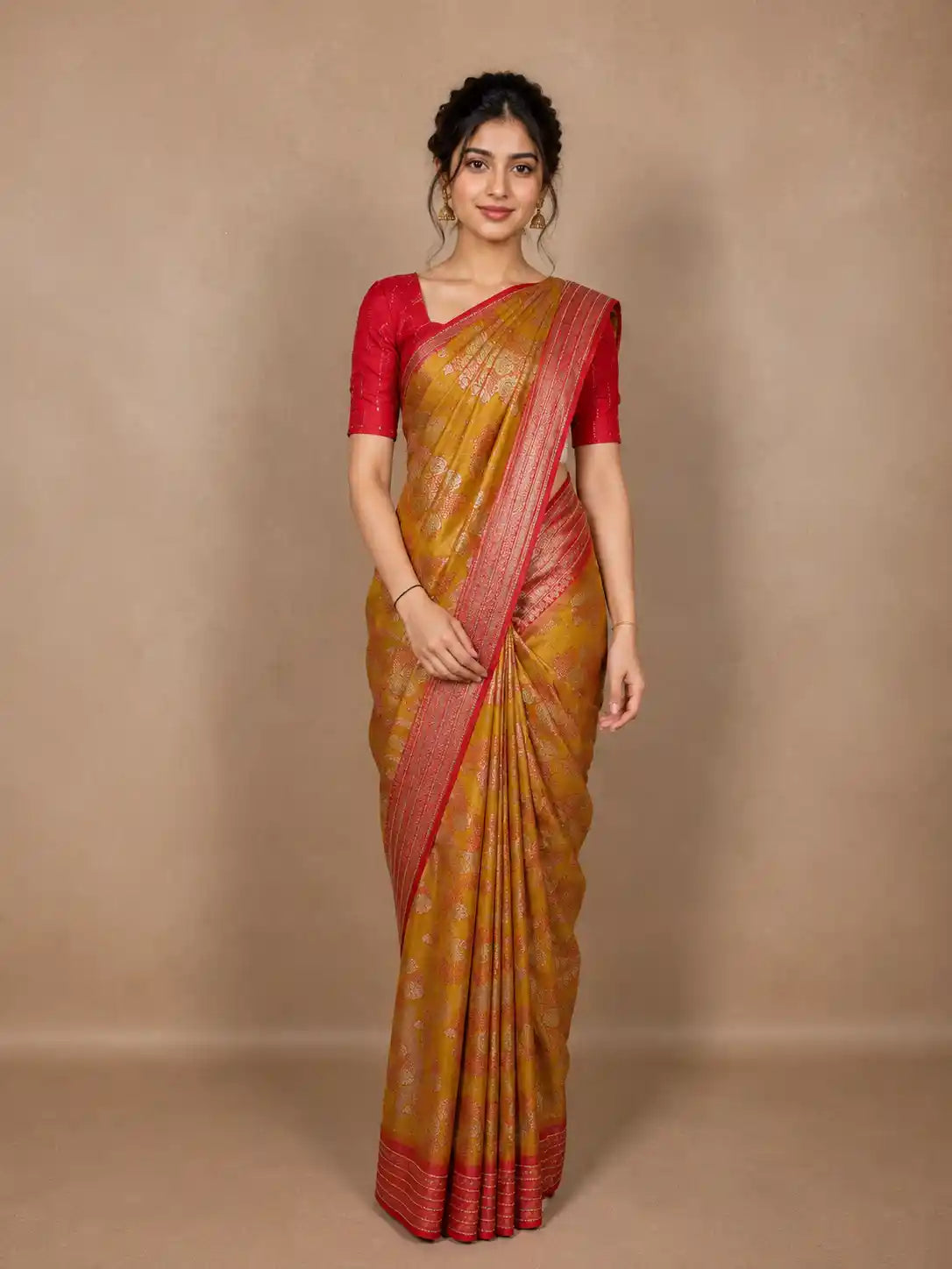 Mustard Yellow Floral Design Tissue Saree