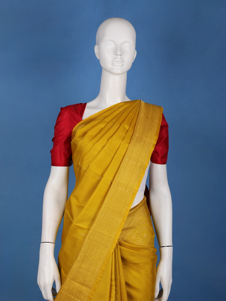 Mustard Yellow Floral Design Zari Border Silk Saree - Diadem