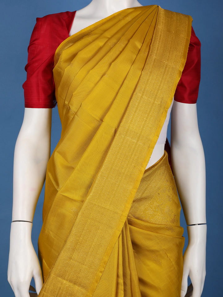 Mustard Yellow Floral Design Zari Border Silk Saree - Diadem