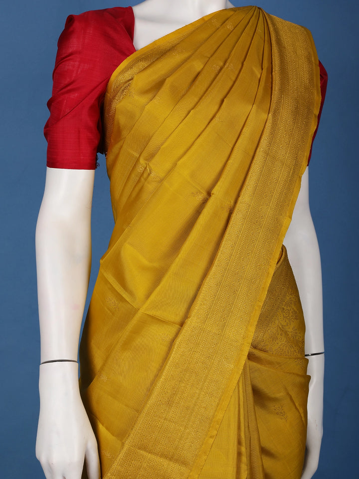 Mustard Yellow Floral Design Zari Border Silk Saree - Diadem