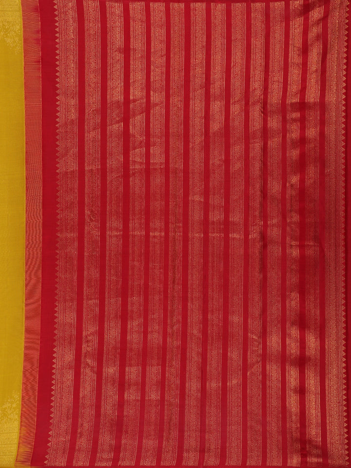 Mustard Yellow Floral Design Zari Border Silk Saree - Diadem
