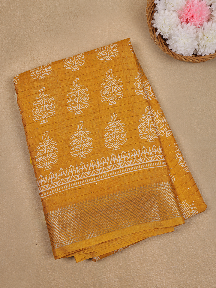 Mustard Yellow Floral Designed Cotton Saree - Diadem
