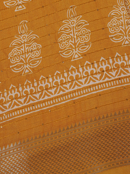 Mustard Yellow Floral Designed Cotton Saree - Diadem