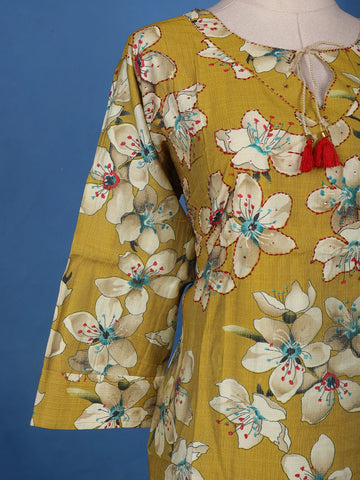 Mustard Yellow Floral Design Printed Cotton Salwar Suit - Diadem