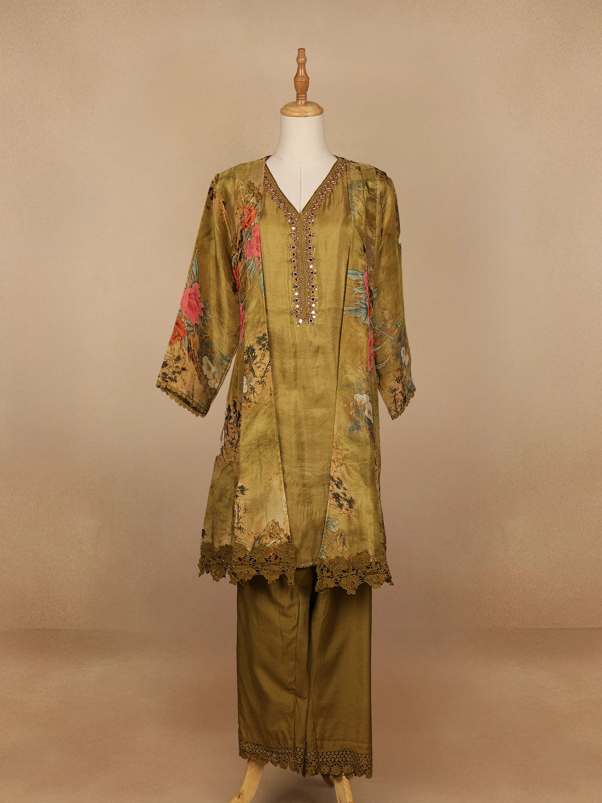 Mustard Yellow Floral Designed Tissue Silk Salwar Suit