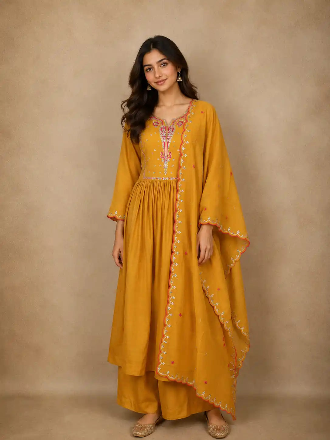 Mustard Yellow Floral Embroidered Cotton Anarkali Suit with Dupatta
